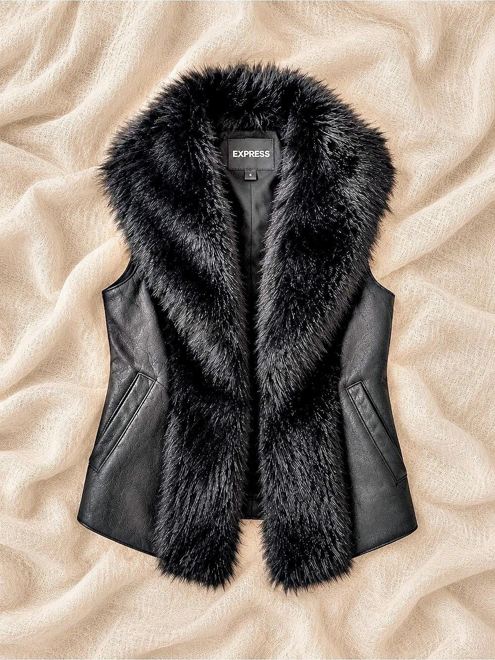 Express Black Faux Leather & Faux Fur Vest – Size S